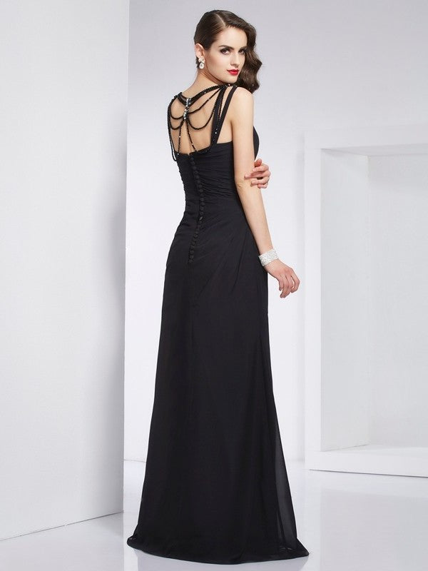 Sheath/Column Sleeveless Beading V-neck Long Chiffon Dresses