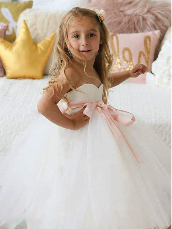 Sash/Ribbon/Belt Sweetheart Tulle Ankle-Length Sleeveless A-Line/Princess Flower Girl Dresses