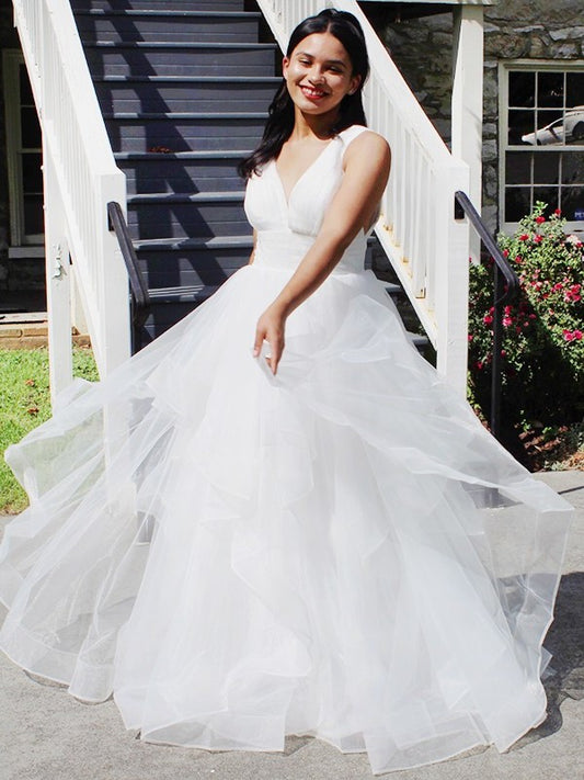 Gown Organza Ruffles V-neck Ball Sleeveless Floor-Length Wedding Dresses