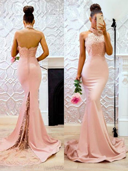 Trumpet/Mermaid Sweep/Brush Halter Train Sleeveless Lace Charmeuse Dresses