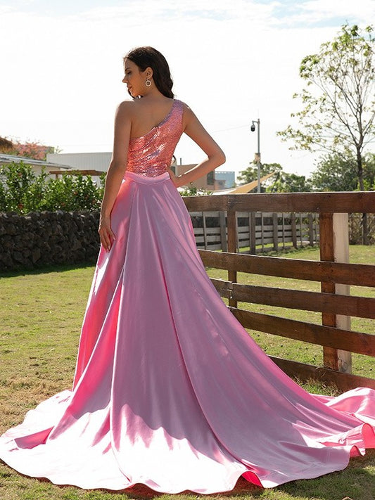 A-Line/Princess Elastic Sleeveless Sequin One-Shoulder Woven Satin Sweep/Brush Train Dresses