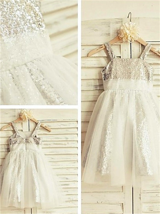 Tea-Length Spaghetti Ruffles Straps Sequins A-line/Princess Sleeveless Flower Girl Dresses