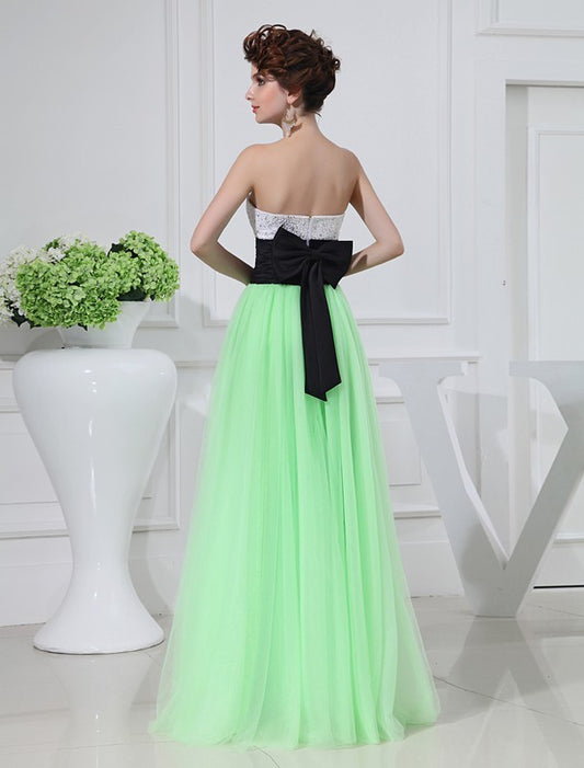 A-Line/Princess Satin Beading Sleeveless Tulle Long Dresses