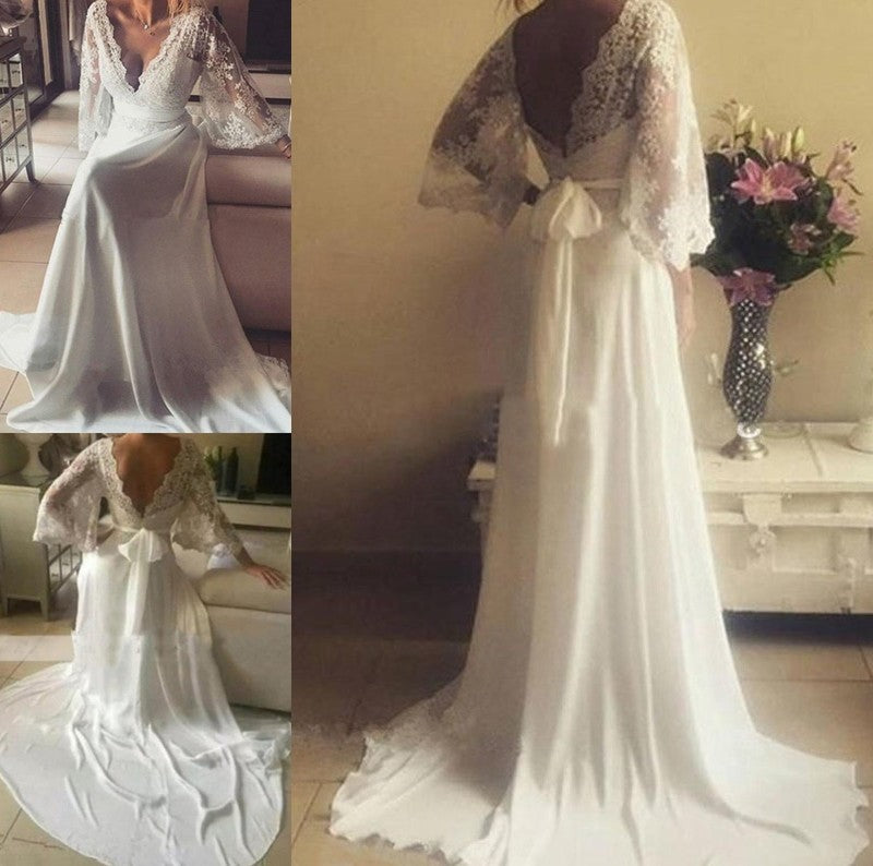 Train Long Sash/Ribbon/Belt V-neck Court Sleeves A-Line/Princess Lace Wedding Dresses