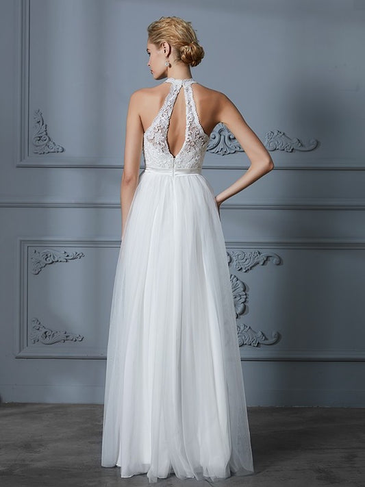 Sleeveless Scoop A-Line/Princess Tulle Floor-Length Wedding Dresses