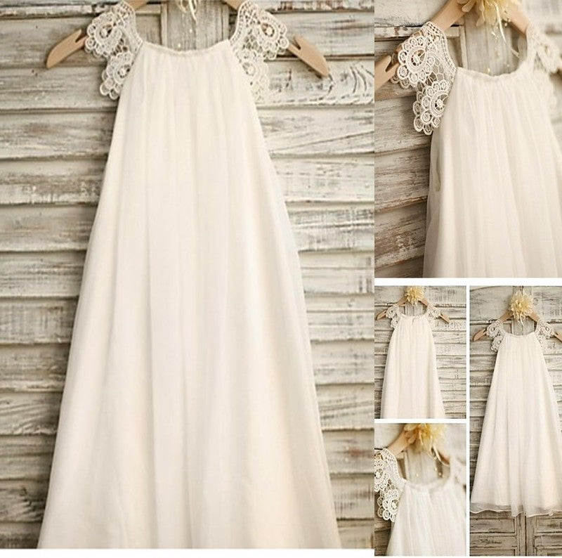 Tea-Length Chiffon Lace A-line/Princess Scoop Sleeveless Flower Girl Dresses