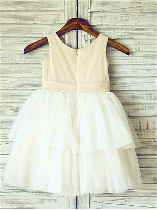 Hand-made A-line/Princess Flower Straps Tulle Sleeveless Tea-Length Flower Girl Dresses