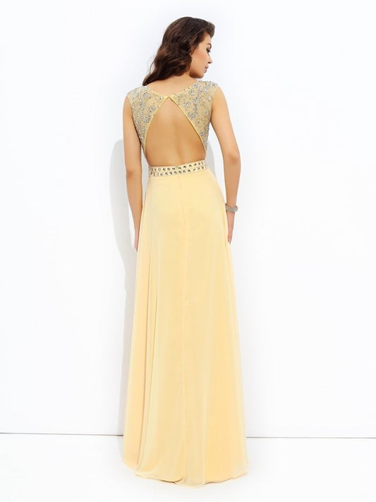 Sleeveless Bateau A-line/Princess Beading Long Chiffon Dresses