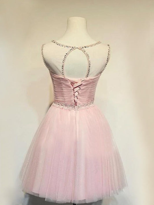 A-Line/Princess Beading Tulle Sleeveless Scoop Short/Mini Homecoming Dresses