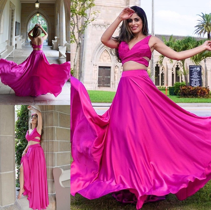 V-neck Floor-Length Sleeveless Satin Ruched A-Line/Princess Chiffon Two Piece Dresses