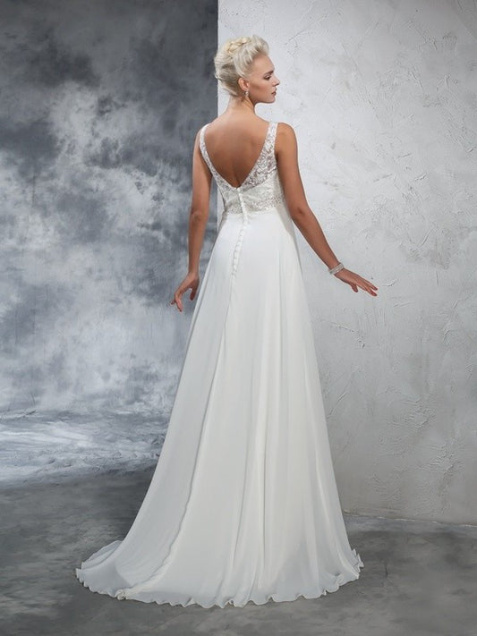 Sleeveless A-Line/Princess V-neck Long Beading Chiffon Wedding Dresses