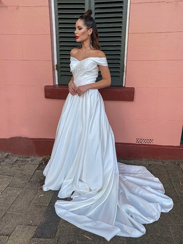 Court Ruched Satin Sleeveless A-Line/Princess Off-the-Shoulder Train Wedding Dresses