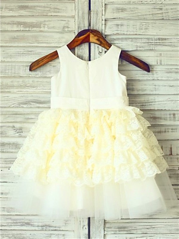 Gown Ball Tea-Length Scoop Lace Layers Sleeveless Flower Girl Dresses