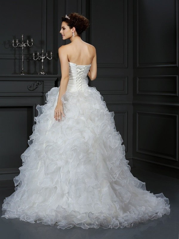 Flower Hand-Made Sweetheart Sleeveless Long Ball Gown Organza Wedding Dresses