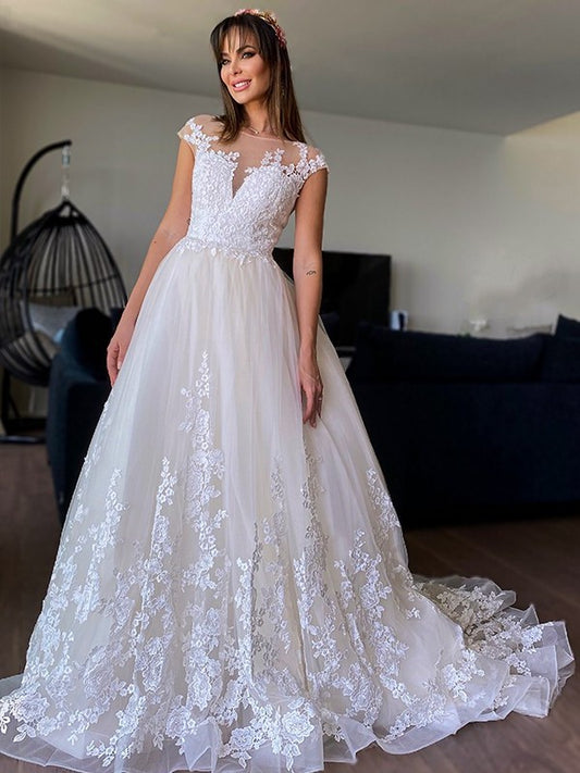 A-Line/Princess V-neck Court Applique Sleeveless Tulle Train Wedding Dresses