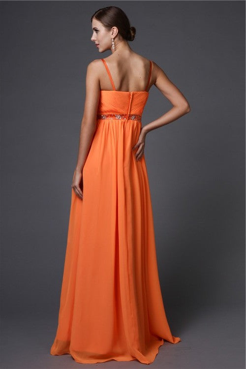 A-Line/Princess Beading Straps Sleeveless Spaghetti Long Chiffon Dresses