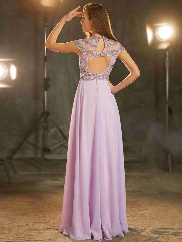 Short Floor-Length Scoop A-Line/Princess Sleeves Beading Chiffon Dresses