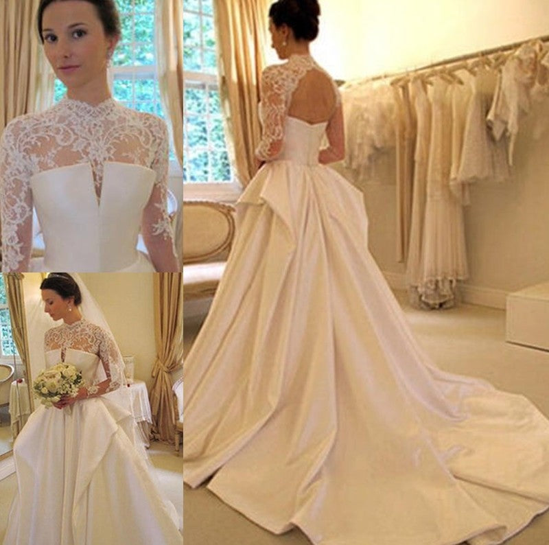 Gown High Satin Lace Neck Sleeves Chapel Ball Long Train Wedding Dresses