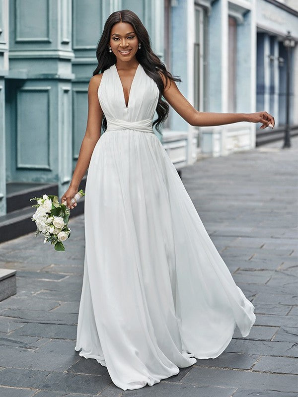 A-Line/Princess Sleeveless Chiffon Ruched Halter Floor-Length Wedding Dresses