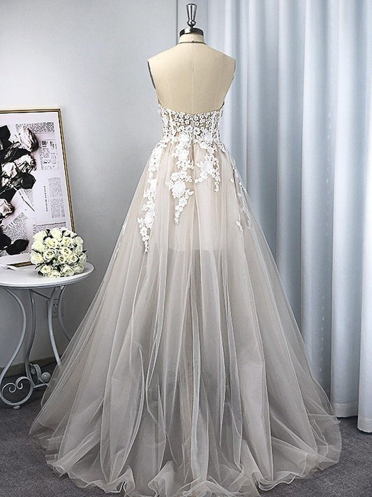 Sleeveless Tulle A-Line/Princess Sweetheart Sweep/Brush Applique Train Wedding Dresses