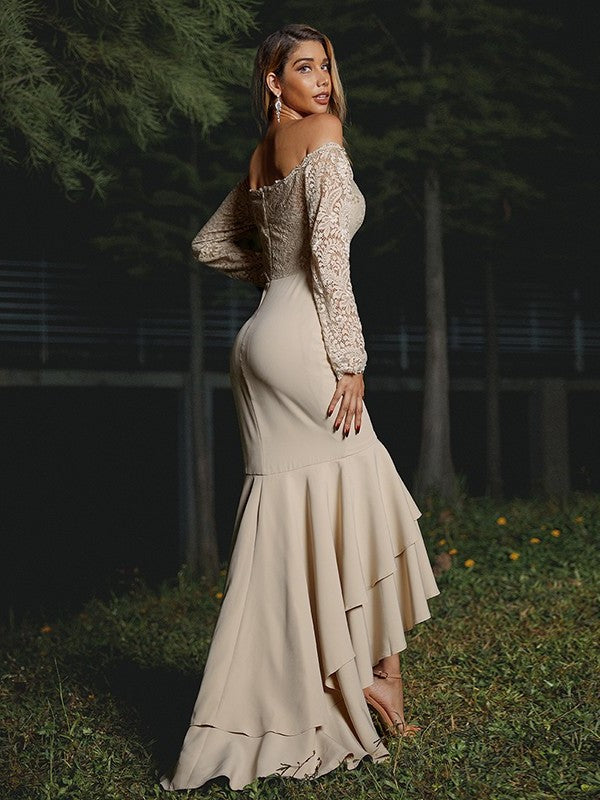 Trumpet/Mermaid Crepe Long Lace Off-the-Shoulder Sleeves Stretch Asymmetrical Bridesmaid Dresses