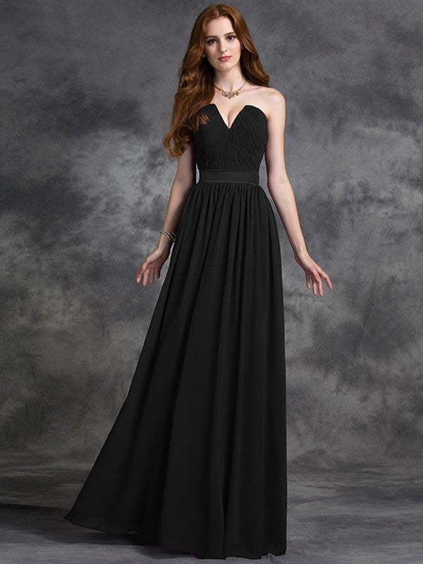 Ruched A-line/Princess Sleeveless Sweetheart Long Chiffon Bridesmaid Dresses