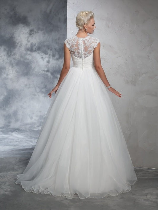 Long Sweetheart Ball Gown Ruched Sleeveless Tulle Wedding Dresses