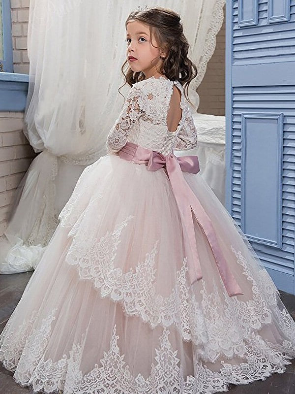 Jewel Long Ball Tulle Gown Sleeves Floor-Length Lace Flower Girl Dresses