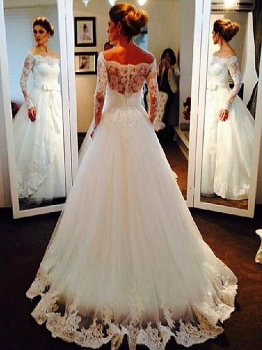 Sweep/Brush Long Gown Ball Off-the-Shoulder Tulle Sleeves Train Wedding Dresses