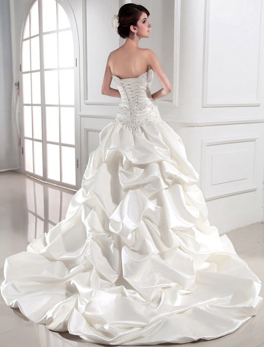 Long Gown Strapless Beading Sleeveless Ball Satin Wedding Dresses