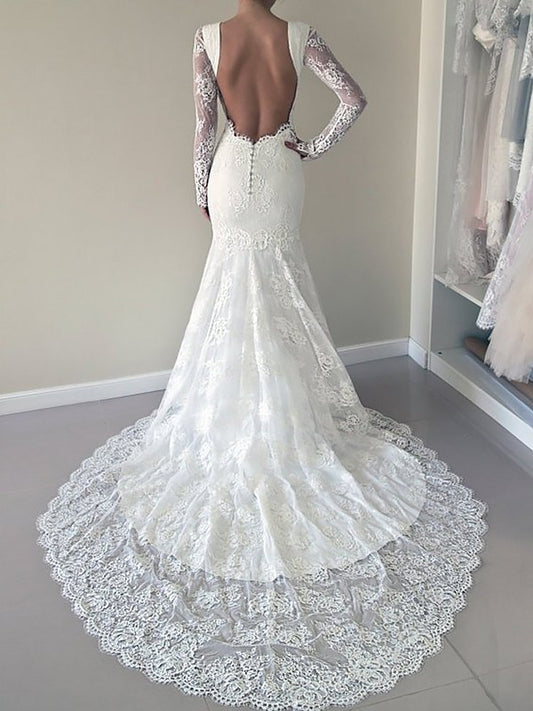 Scoop Court Long Train Trumpet/Mermaid Sleeves Lace Wedding Dresses