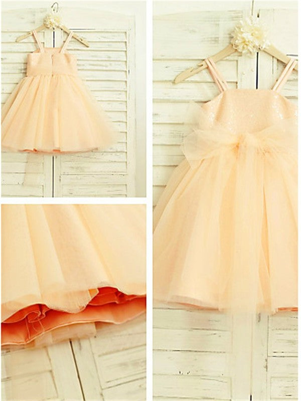 Spaghetti Sleeveless Tulle Sequin Straps A-line/Princess Tea-Length Flower Girl Dresses