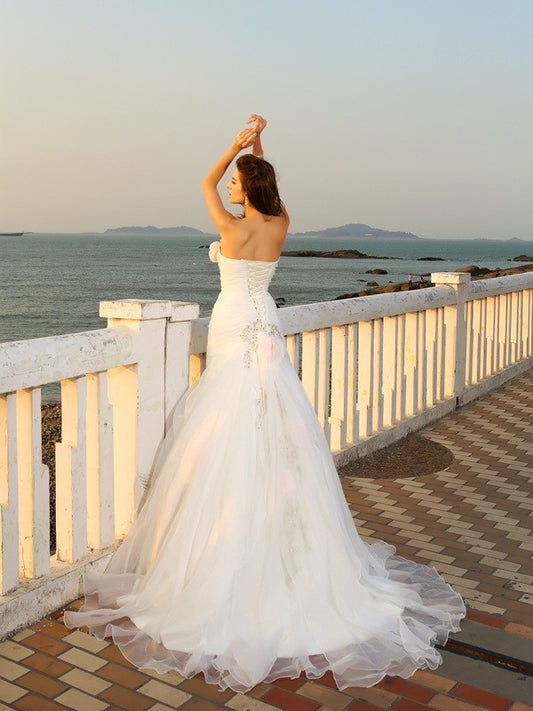 Satin Flower Sleeveless Gown Strapless Long Ball Hand-Made Beach Wedding Dresses