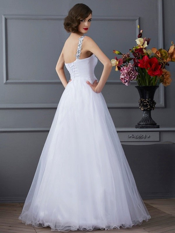 Beading Gown One-Shoulder Long Elastic Ball Woven Sleeveless Satin Quinceanera Dresses