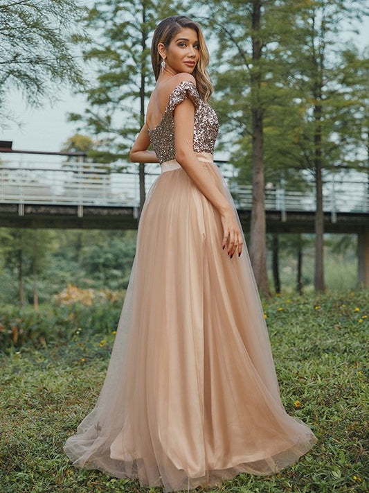 Off-the-Shoulder A-Line/Princess Tulle Sleeveless Sequin Floor-Length Bridesmaid Dresses