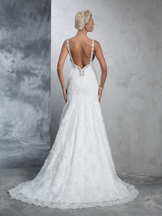 Straps Long Sleeveless Spaghetti Lace Trumpet/Mermaid Lace Wedding Dresses