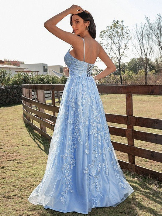 Sleeveless Ruffles V-neck A-Line/Princess Lace Sweep/Brush Train Dresses