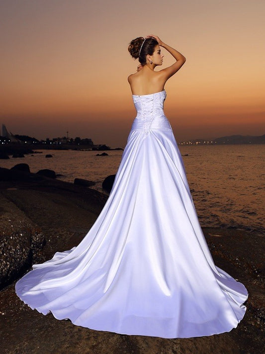 Strapless Long Ball Gown Beading Sleeveless Satin Beach Wedding Dresses