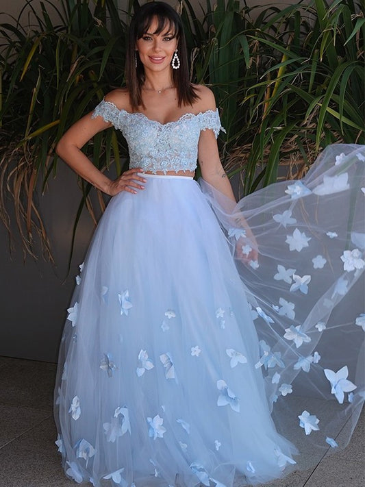 Tulle A-Line/Princess Off-the-Shoulder Sleeveless Applique Floor-Length Two Piece Dresses