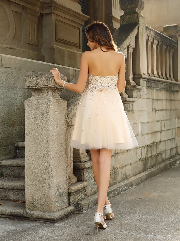 A-Line/Princess Strapless Beading Sleeveless Short Satin Londyn Cocktail Dresses Homecoming Dresses