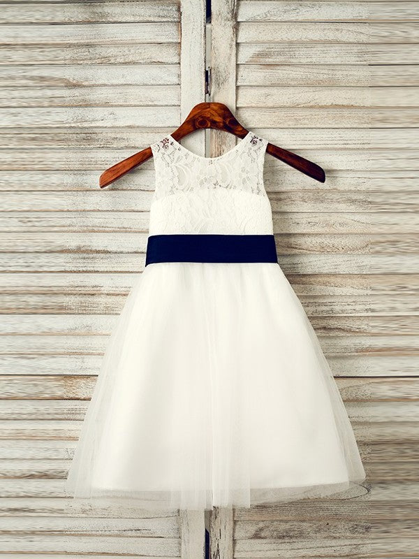 Scoop Bowknot Sleeveless A-Line/Princess Tulle Tea-Length Flower Girl Dresses