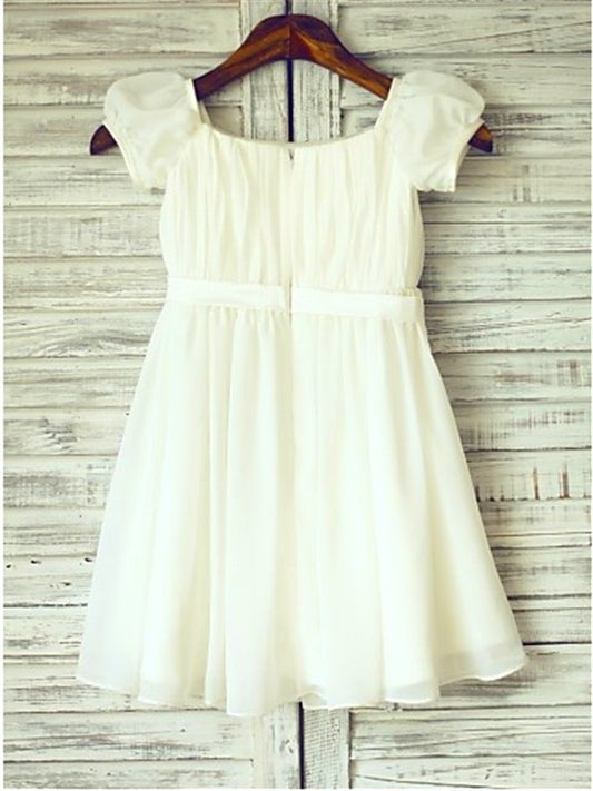 A-line/Princess Sleeves Ruched Short Tea-Length Chiffon Square Flower Girl Dresses