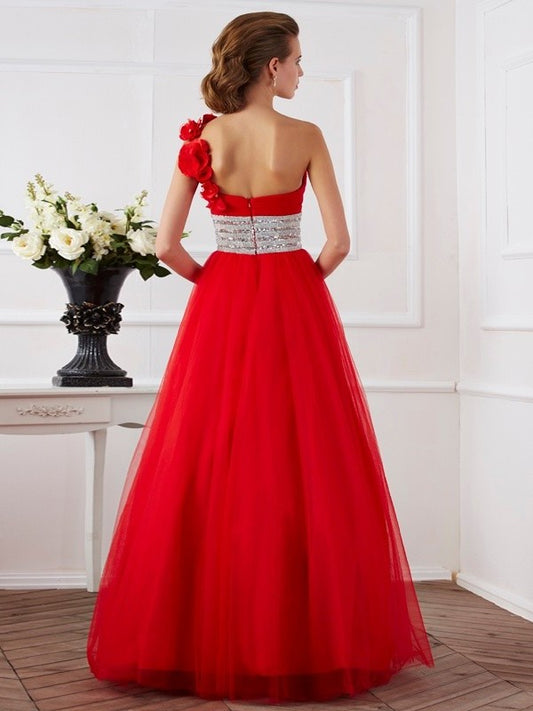 Sleeveless Long Gown One-Shoulder Flower Hand-Made Ball Net Quinceanera Dresses