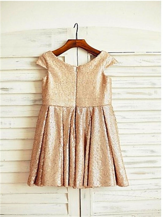 Tea-Length Short Sequins A-line/Princess Scoop Sleeves Flower Girl Dresses