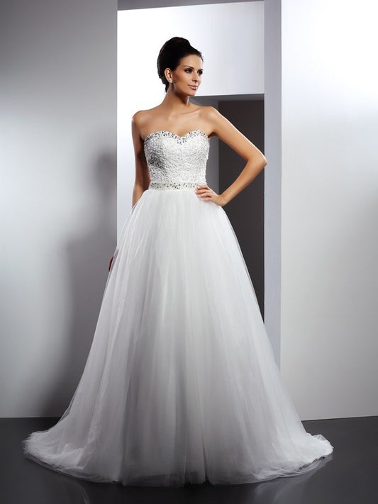 Beading Spaghetti A-Line/Princess Sleeveless Long Straps Tulle Wedding Dresses