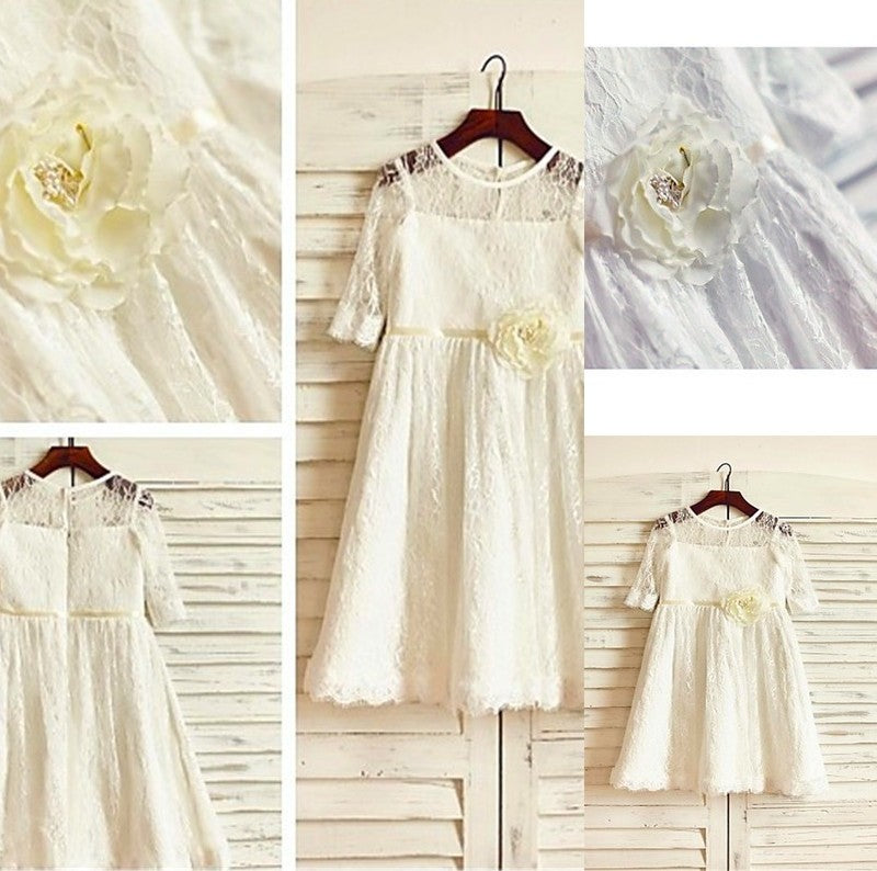 Flower Sleeves 3/4 Ankle-Length Hand-made Lace Scoop A-line/Princess Flower Girl Dresses