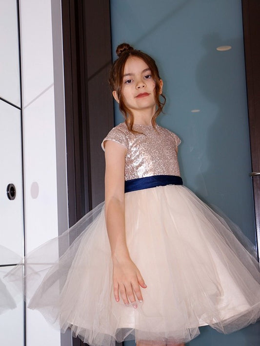 Tulle Short Sash/Ribbon/Belt Sleeves A-Line/Princess Scoop Knee-Length Flower Girl Dresses