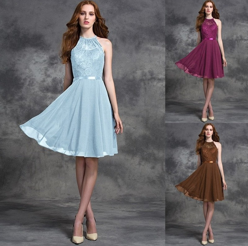 Short Lace Sleeveless Halter A-line/Princess Chiffon Bridesmaid Dresses