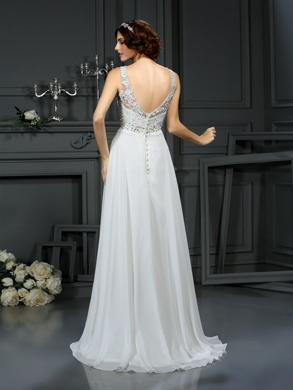 Lace Long V-neck Sleeveless A-Line/Princess Chiffon Wedding Dresses