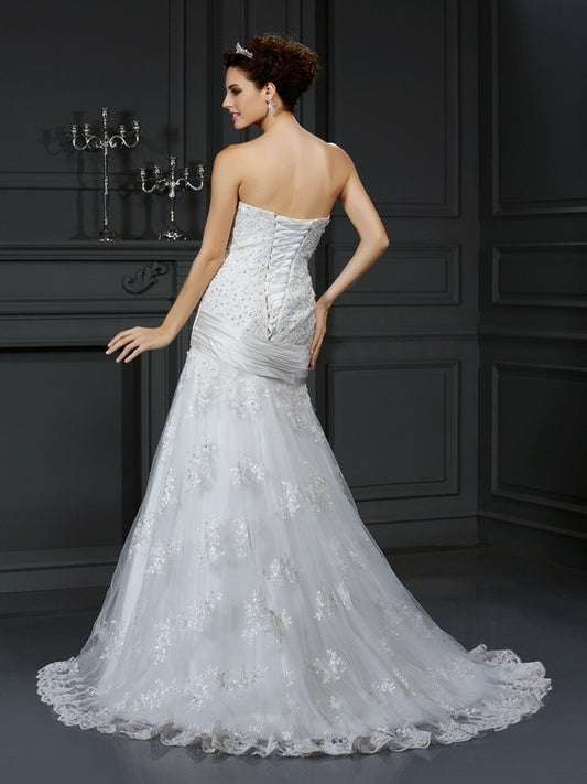 Sheath/Column Long Strapless Applique Sleeveless Satin Wedding Dresses